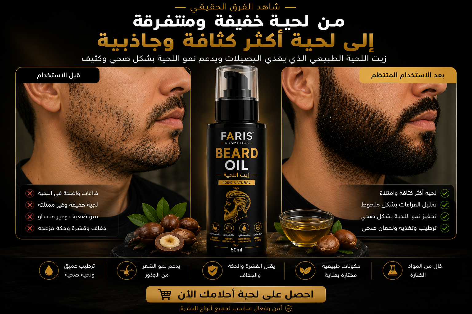 قبل وبعد استخدام زيت اللحية Faris Cosmetics من لحية خفيفة ومتفرقة إلى لحية أكثر كثافة وجاذبية