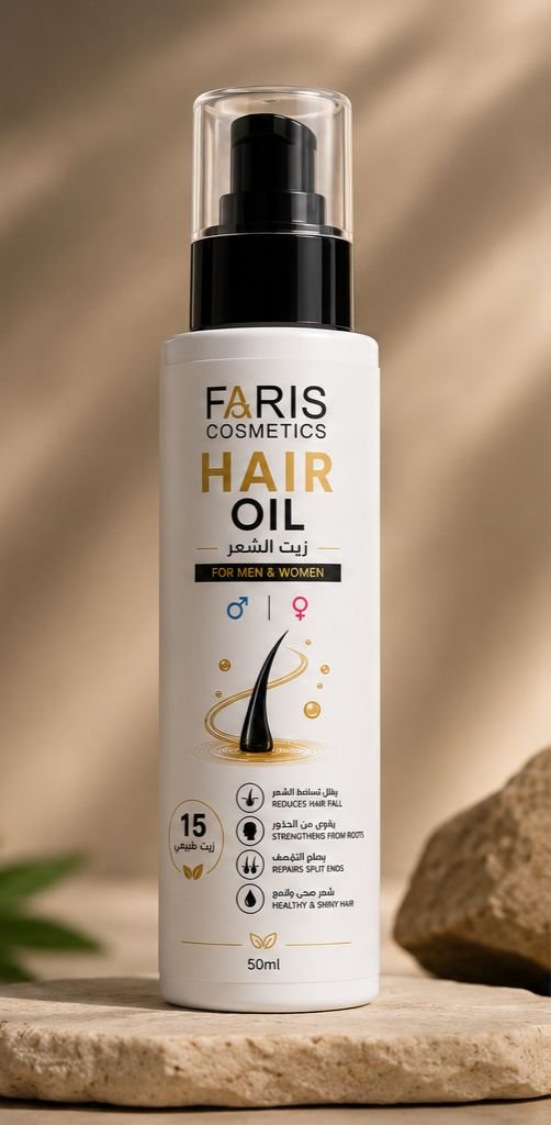 Faris Cosmetics hair oil bottle