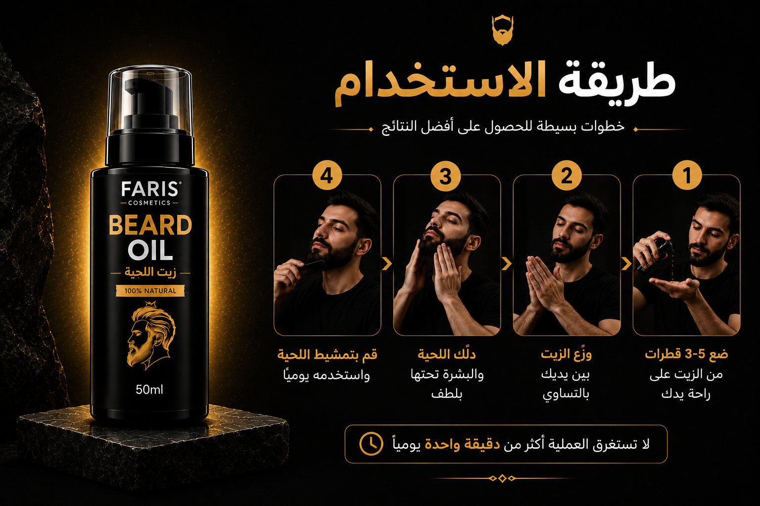 طريقة استخدام زيت اللحية Faris Cosmetics في أربع خطوات بسيطة