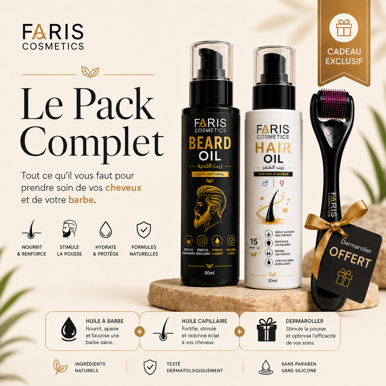 Faris pack with beard oil, hair oil, and dermaroller